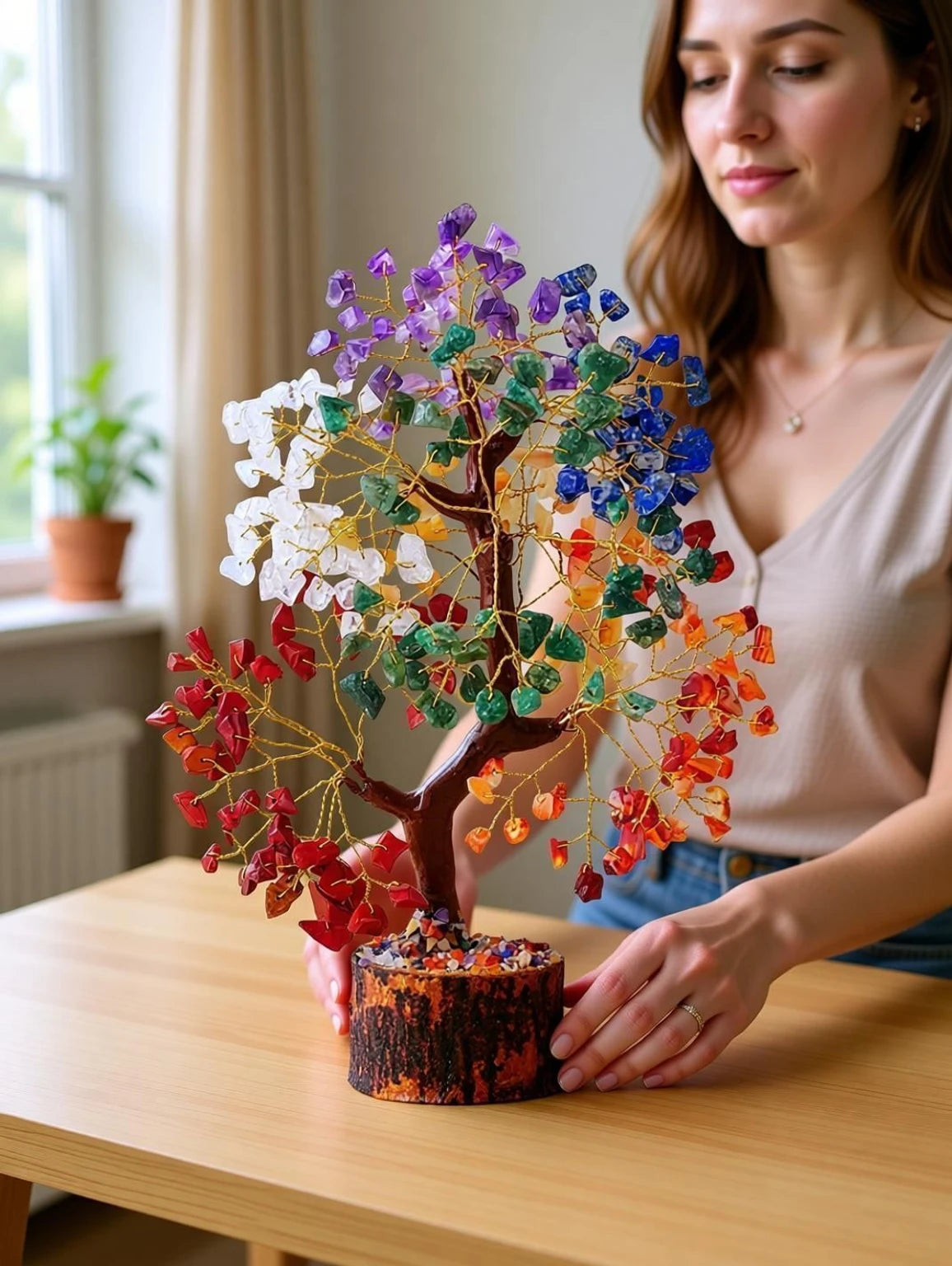 Yasamazing Crinum Seven Chakra Crystal Money Tree Crystals and Gemstone Good Luck Decorative Showpiece  -  30 cm (Marble, Multicolor)
