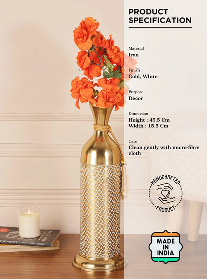 V DECORE Golden Metal Decorative Bottle Vase | Traditional Home Decor Iron Vase (3.9 inch, Gold & White)