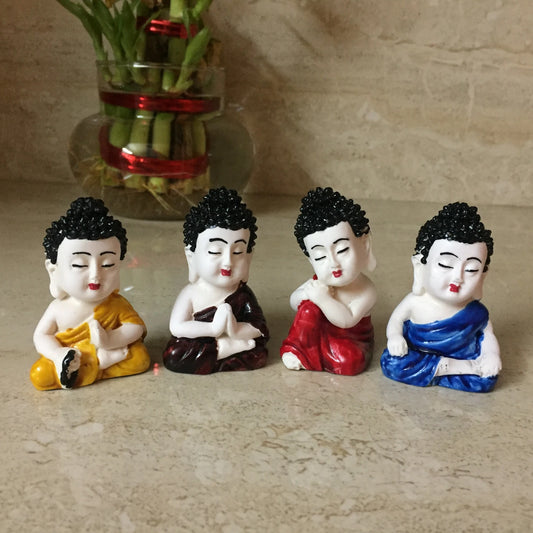 ACXSerene Multicolor 4 Baby Monks Buddha Figurines - for Car Dashboard | Home Decor| Office Decor| Chrismas Decor| Diwali Decor| Vaastu Decor| Fengshui Decorative Showpiece Decorative Showpiece  -  2 cm (Polyresin, Multicolor)