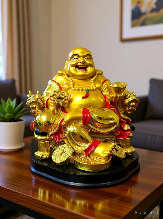 GJ Polyresin Vastu/Feng Shui Laughing Buddha for Home Decor Decorative Showpiece  -  7 cm (Polyresin, Gold)