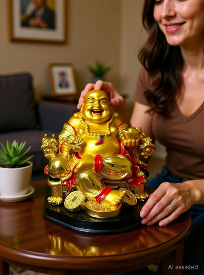 GJ Polyresin Vastu/Feng Shui Laughing Buddha for Home Decor Decorative Showpiece  -  7 cm (Polyresin, Gold)