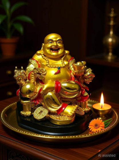 GJ Polyresin Vastu/Feng Shui Laughing Buddha for Home Decor Decorative Showpiece  -  7 cm (Polyresin, Gold)