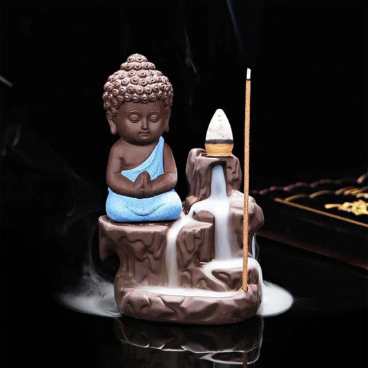 Miss Peach Handicrafted Meditating Monk Buddha Smoke Backflow incense burner with 10 Smoke Backflow Incense Cone in Incense Sticks |Showpieces in home  -  12 cm (Polyresin, Black, Green)