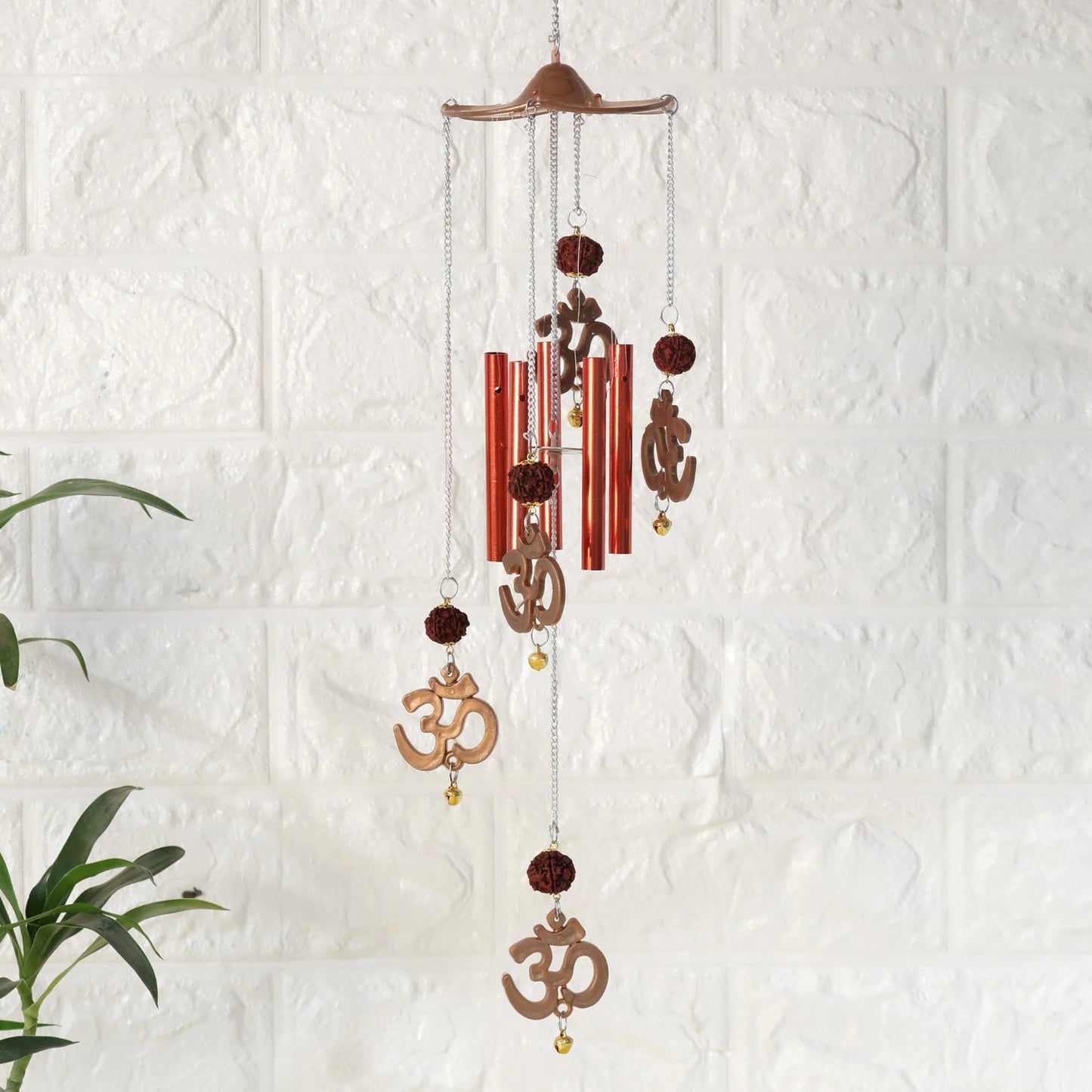 Ryme Vastu / Feng Shui Om Rudraksha Wind Chime For Outdoor / Home / Good Luck Brass Windchime (46 cm, Brown)