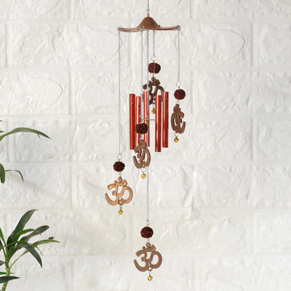 Ryme Vastu / Feng Shui Om Rudraksha Wind Chime For Outdoor / Home / Good Luck Brass Windchime (46 cm, Brown)